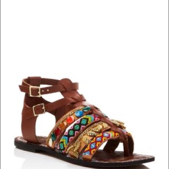SAM EDELMAN Lanai Embellished Strappy Flat Sandals In Saddle - Picture 8 of 14